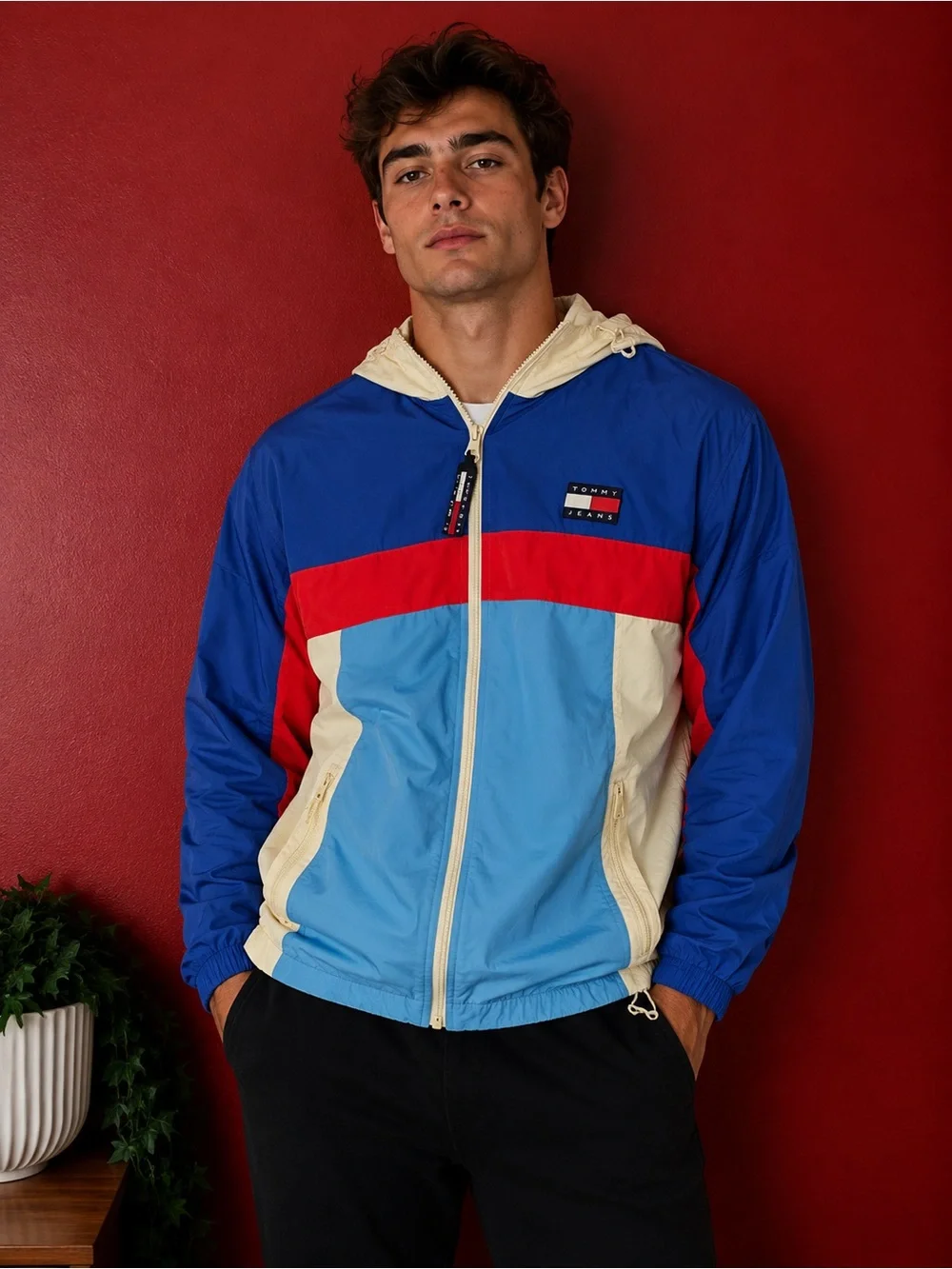 Tommy Jeans Colorblock Hooded Windbreaker Jacket Blue Red White Men’s Medium